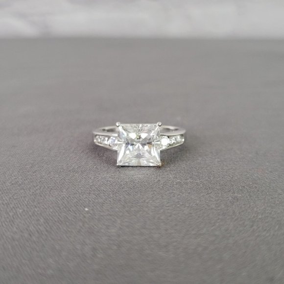 Sparkling Silver 4ct Princess Cut w/ Round Side Stones CZ Engagement Ring, Sz 9 - Picture 10 of 14